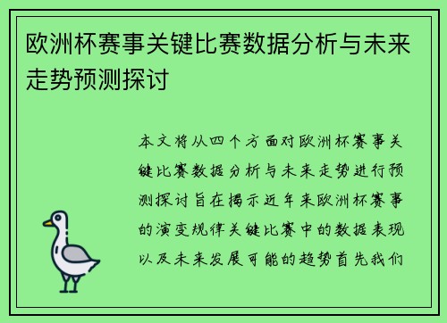 欧洲杯赛事关键比赛数据分析与未来走势预测探讨