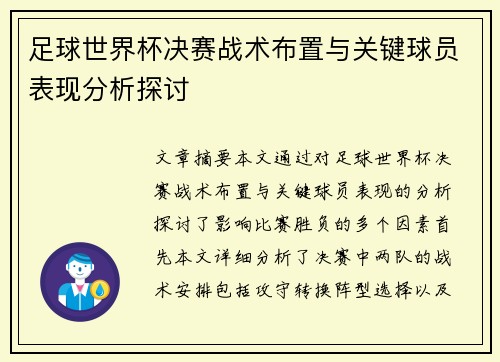 足球世界杯决赛战术布置与关键球员表现分析探讨