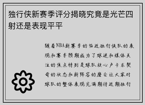 独行侠新赛季评分揭晓究竟是光芒四射还是表现平平
