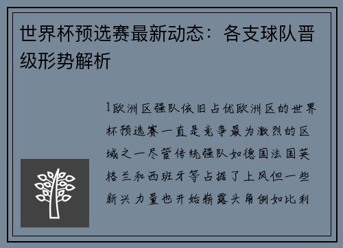 世界杯预选赛最新动态：各支球队晋级形势解析