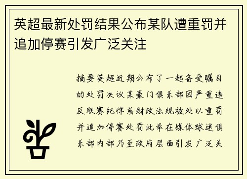 英超最新处罚结果公布某队遭重罚并追加停赛引发广泛关注